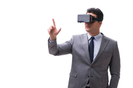 Businessman wearing virtual reality VR glasses isolated on white