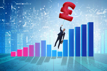 Businessman flying on british pound sign inflatable balloonの写真素材