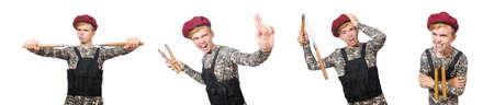 Funny soldier in military concept isolated on the white
