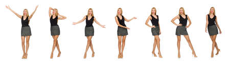 Blond hair model wearing gray skirt isolated on whiteの写真素材
