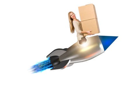 Businesswoman delivering boxes isolated on white backgroundの写真素材