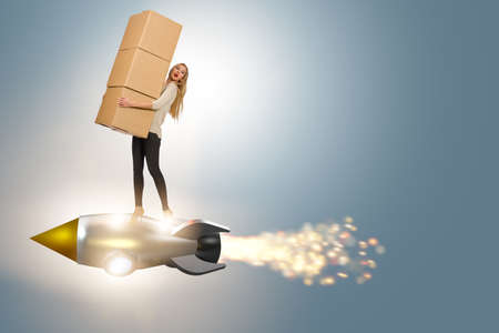 Woman in fast box delivery service on rocket