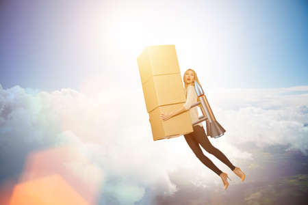 Woman in fast box delivery service on rocket