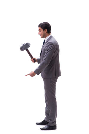 Businessman with hammer isolated on white backgroundの写真素材