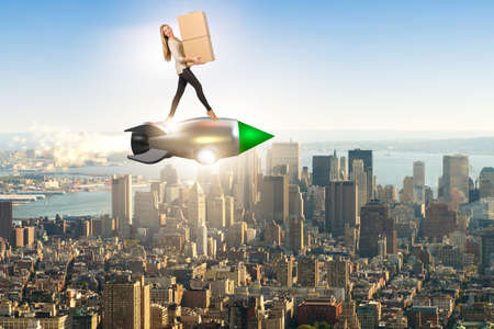 Woman in fast box delivery service on rocket