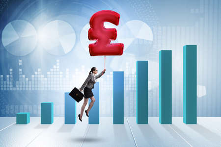 Businesswoman flying on british pound sign inflatable balloonの写真素材