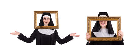 Young nun with frame isolated on whiteの写真素材