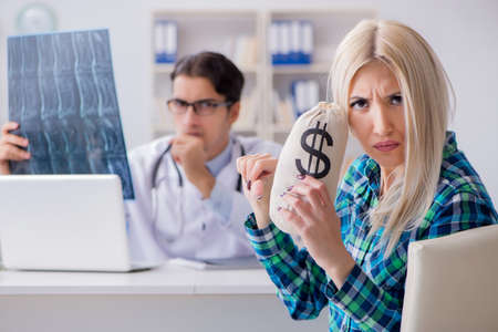 Concept of expensive healthcare with woman visiting male doctorの写真素材