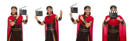 Gladiator with clapper-board isolated on whiteの写真素材