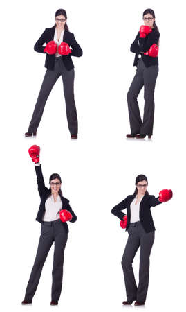 Young boxing businesswoman isolated on whiteの写真素材