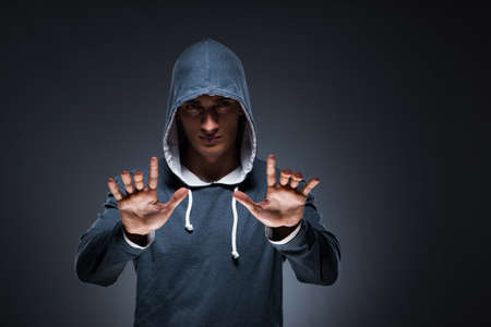 Innovation concept with young man pressing virtual buttonsの写真素材