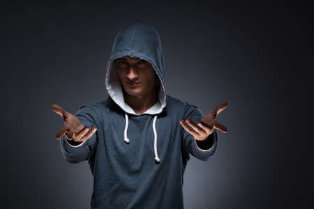 Innovation concept with young man pressing virtual buttonsの写真素材