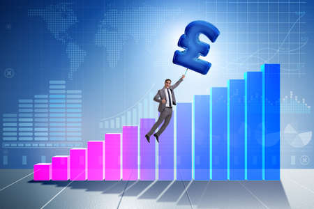 Businessman flying on british pound sign inflatable balloonの写真素材