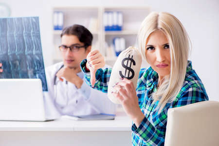 Concept of expensive healthcare with woman visiting male doctorの写真素材