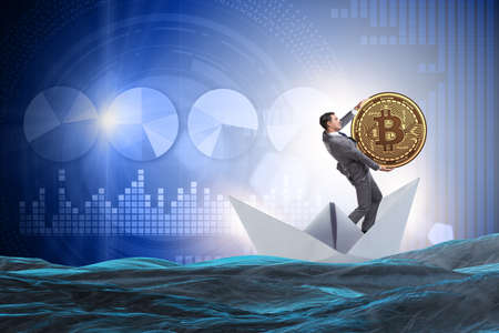 Businessman rowing on dollar boat in business financial conceptの写真素材