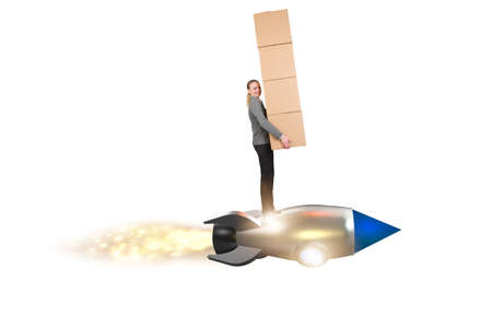 Woman in delivery service isolated on white backgroundの写真素材