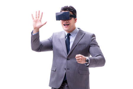 Businessman wearing virtual reality VR glasses isolated on white