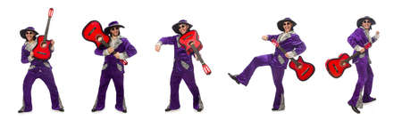 Man in funny clothing holding guitar isolated on whiteの写真素材
