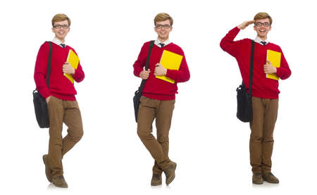 Student with bag and paper isolated on whiteの写真素材