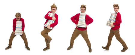 Funny student with books isolated on whiteの写真素材