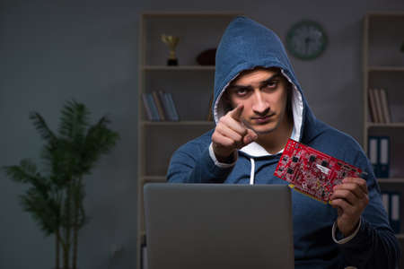 Young man in bitcoin mining concept