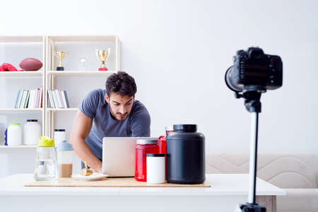 Sports blogger talking about protein nutritionの写真素材