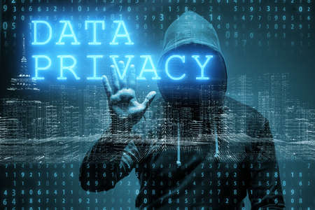 Data privacy concept with hacker stealing personal information