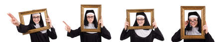Young nun with frame isolated on white
