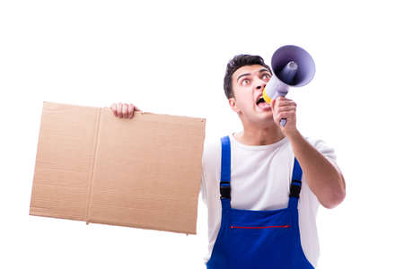 Angry construction supervisor yelling with loudspeakerの写真素材