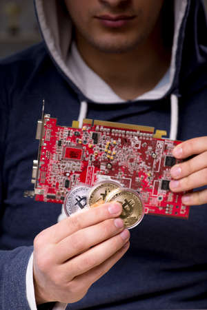 Young man in bitcoin mining concept