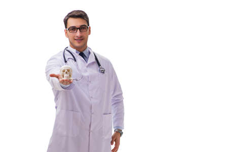 Yong male doctor with skeleton isolated on whiteの写真素材
