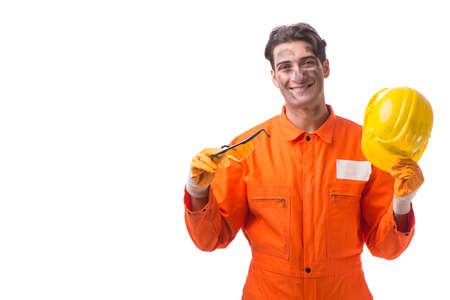 Contractor employee wearing coveralls isolated on white