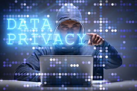 Data privacy concept with hacker stealing personal information