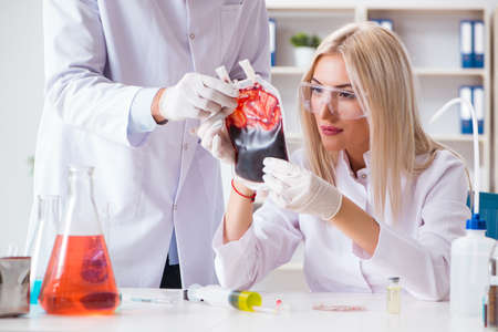 Woman female doctor looking at blood samples in bagの写真素材