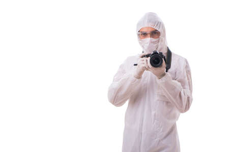 Forensic specialist in protective suit taking photos on whiteの写真素材
