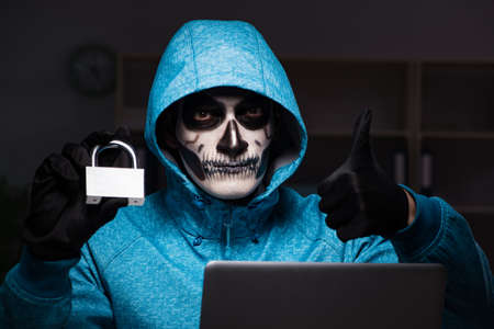 Scary hacker hacking security firewall late in office