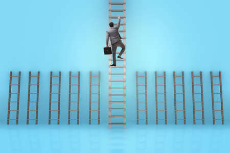 Businessman climbing career ladder in business success conceptの写真素材