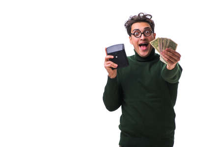Nerd young man with calculator isolated on whiteの写真素材