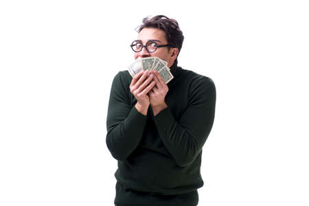Young man with money isolated on whiteの写真素材