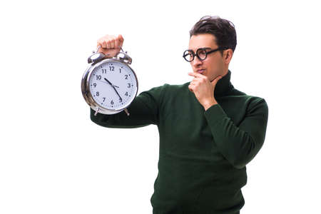 Nerd young money with giant clock isolated on white