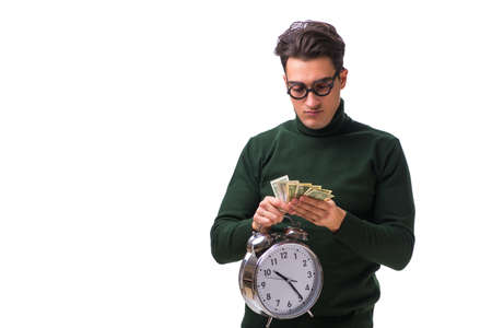 Nerd young man with clock and money isolated on whiteの写真素材