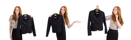 Woman choosing the dress isolated on whiteの写真素材