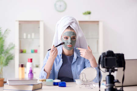 Beauty blogger recording video for vlogの写真素材