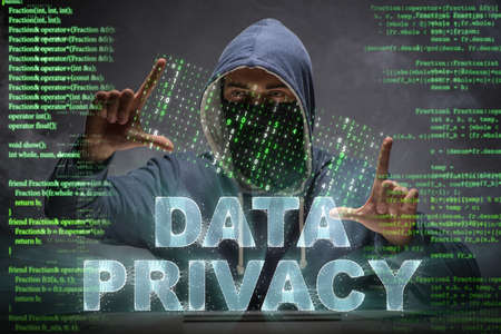 Data privacy concept with hacker stealing personal information
