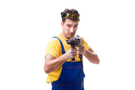 Contractor employee with hand power drill on white backgroundの写真素材