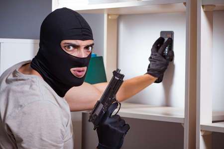 Burglar wearing balaclava mask at crime scene