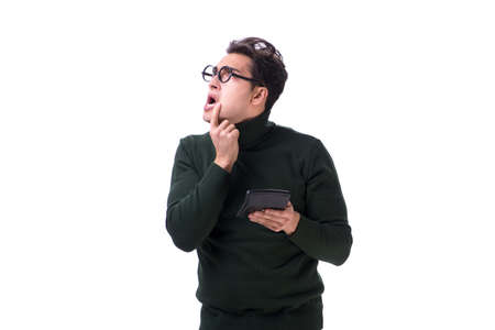 Nerd young man with calculator isolated on white