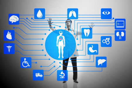 Telemedicine concept with doctor pressing virtual buttons