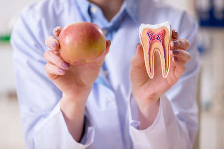 Dentist practicing work on tooth modelの写真素材