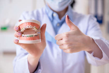 Dentist practicing work on tooth model